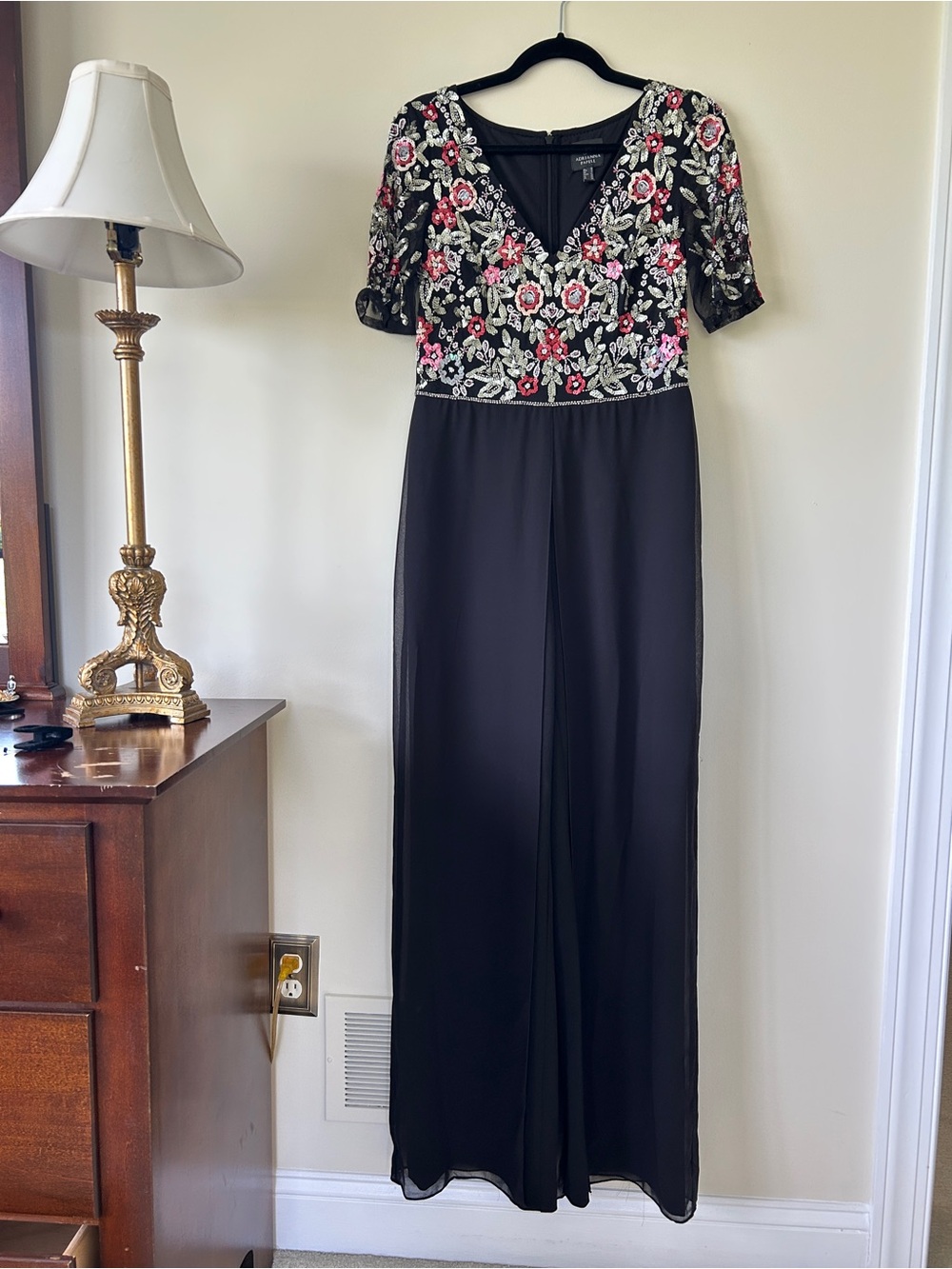 Adrianna Papell Black Jumpsuit with Pink & White Floral Embroidery